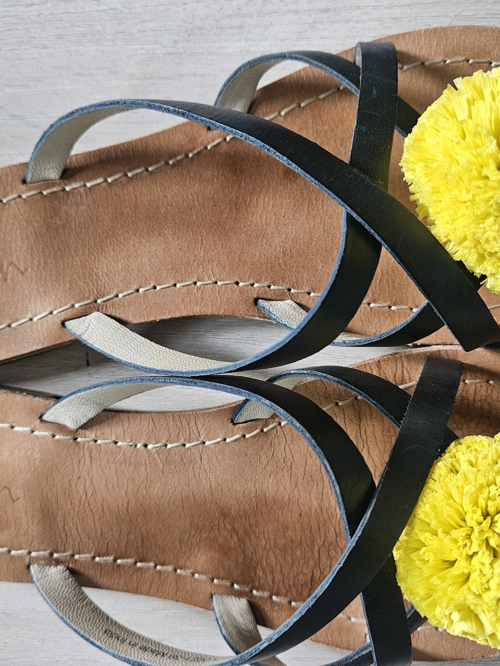 Boden Black Leather Sandal with Black Straps and Yellow Pom  SZ 39